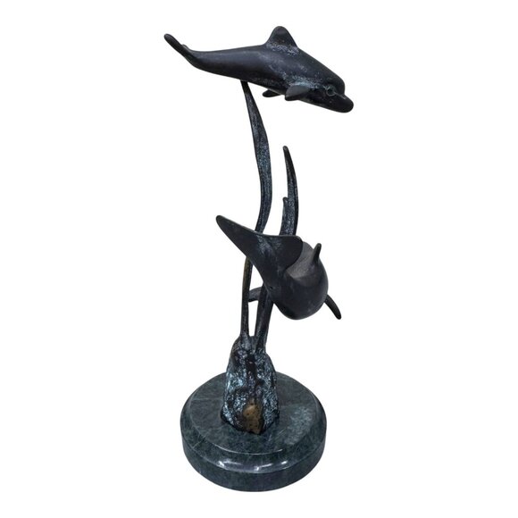 Vintage SPI Bronze Dolphin Sculpture On Marble By San Pacific Intl Coastal Beach - Picture 3 of 8